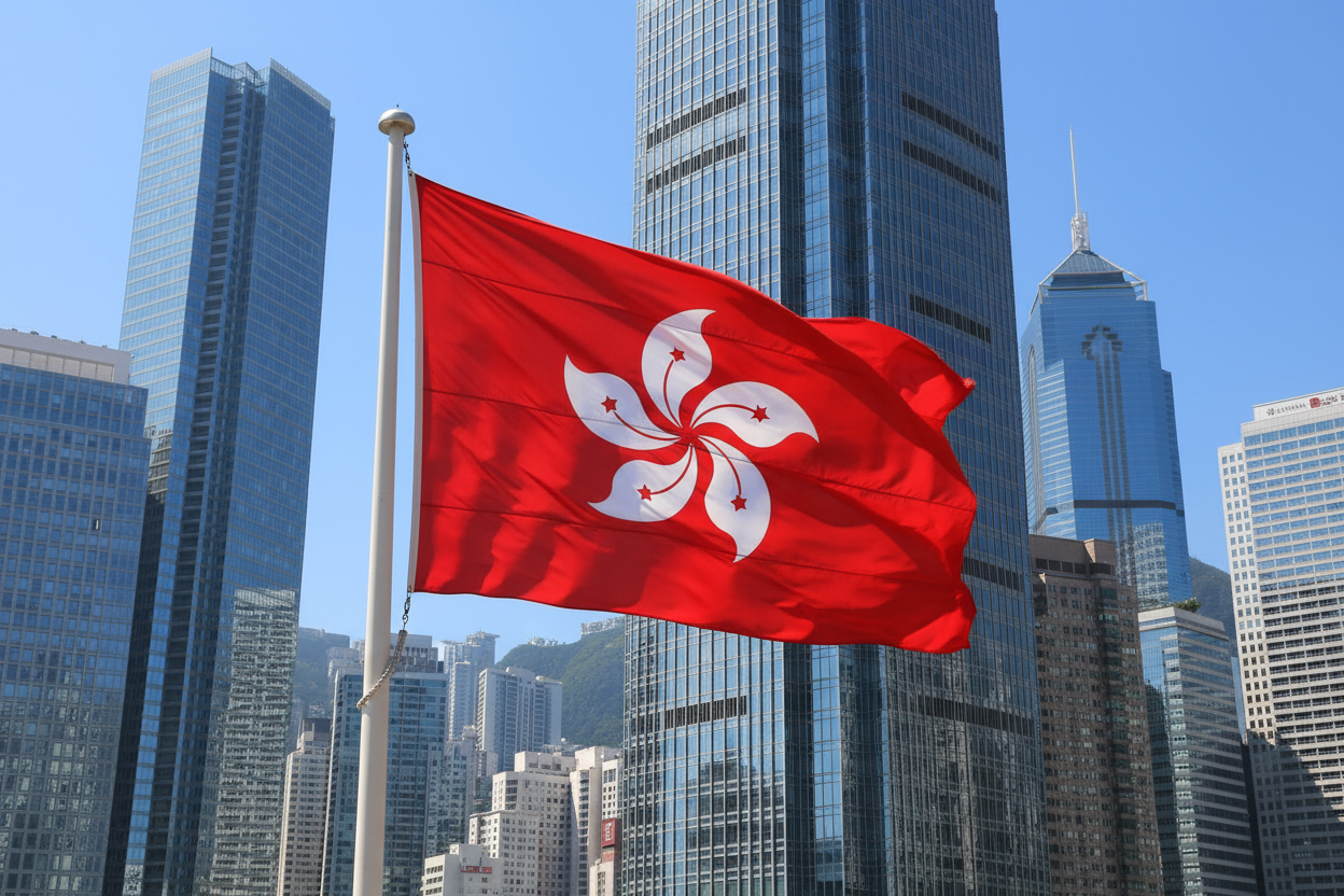generate hongkong iconic image, with flag and scycrappers, bright and close up