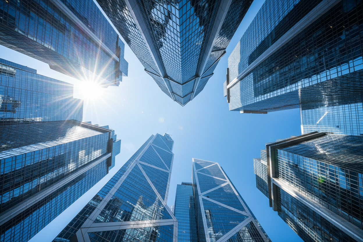 hongkong iconic image, bright scyscrappers close shots