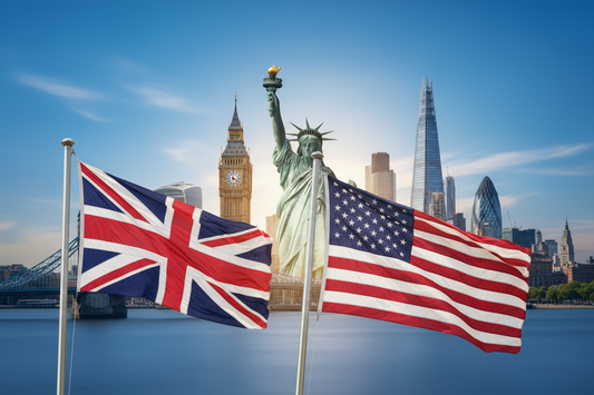 uk and usa flag infront of iconic cityscape